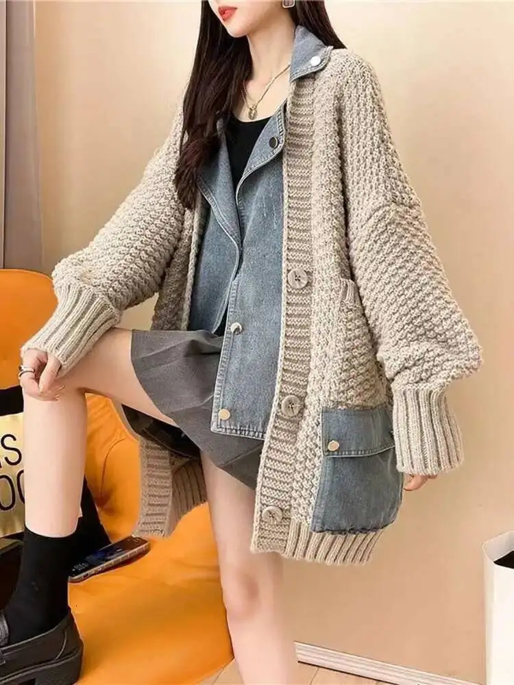 LANMREM Denim Patchwork Knitted Sweaters Women Single Breasted Loose Irregular Cardigan Female Clothing Autumn Winter 2DA9204 251029