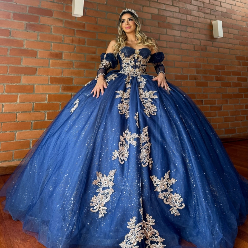Navy Blue Shiny Quinceanera Dresses Off The Shoulder Applique Lace Beads Bow Tull Party Birthday Sweet 16 Dress Vestidos 15 Anos