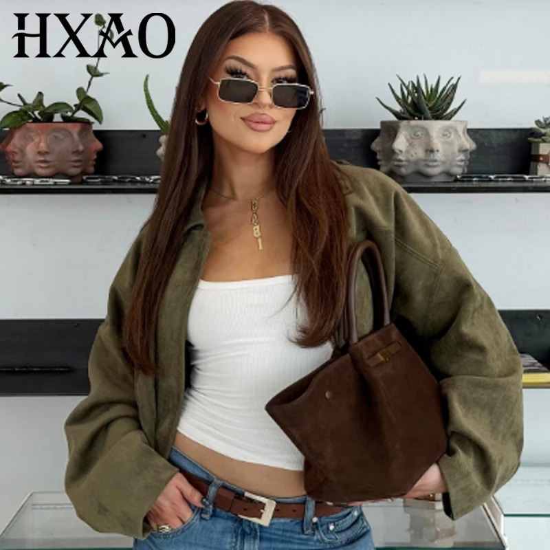 HXAO Suede Bomber Jacket Woman Green Khaki Outerwears Womens Spring Crop Oversize Long Sleeve Coats Fashion 251028