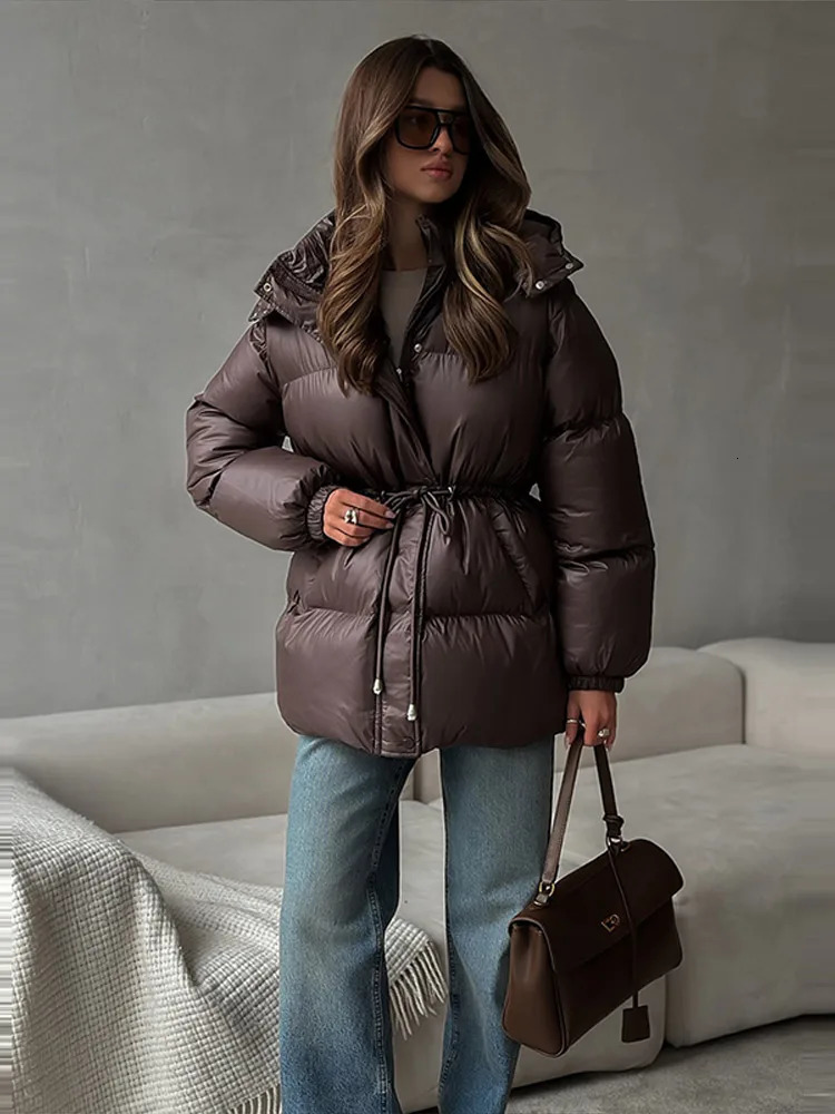 Glossy Shiny Women s Down Jackets Vintage Hooded Zipper Puffer Full Sleeve Jackets For Woman 2025 Woman Winter Coats Outwears 251030