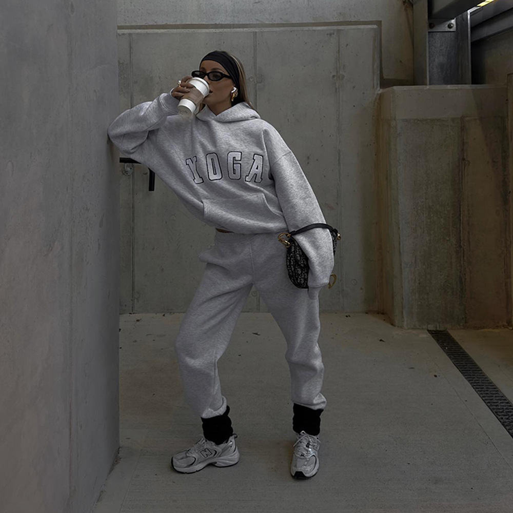 YOGA Designer Women's Hoodies Sports Hooded Fashion Casual Gray Embroidered Letters Solid Color Embroidery Loose Sweatshirt for Women S-2XL