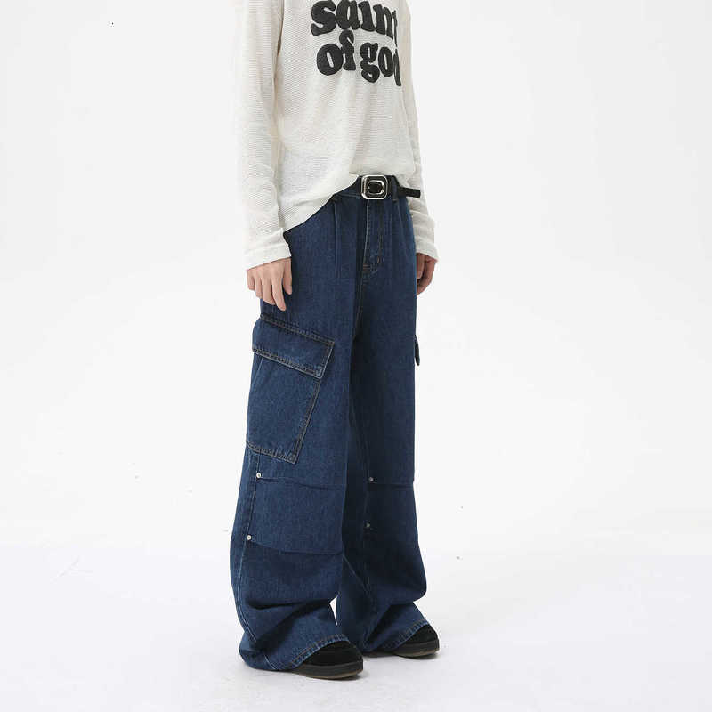 Men's Jeans Man Clothing|Korean Style High Street Heavy Craft Deconstructed Three-Dimensional Multi-Pocket Straight Wide-Leg Cargo Jeans