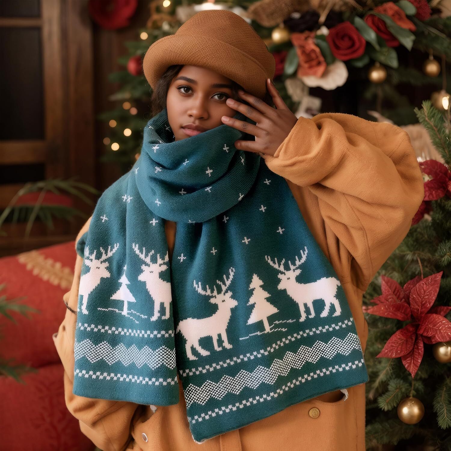 Custom Fall Winter Soft Knit for Women Men Boys Girls Christmas Scarf with Reindeer and Snowflake Pattern Green