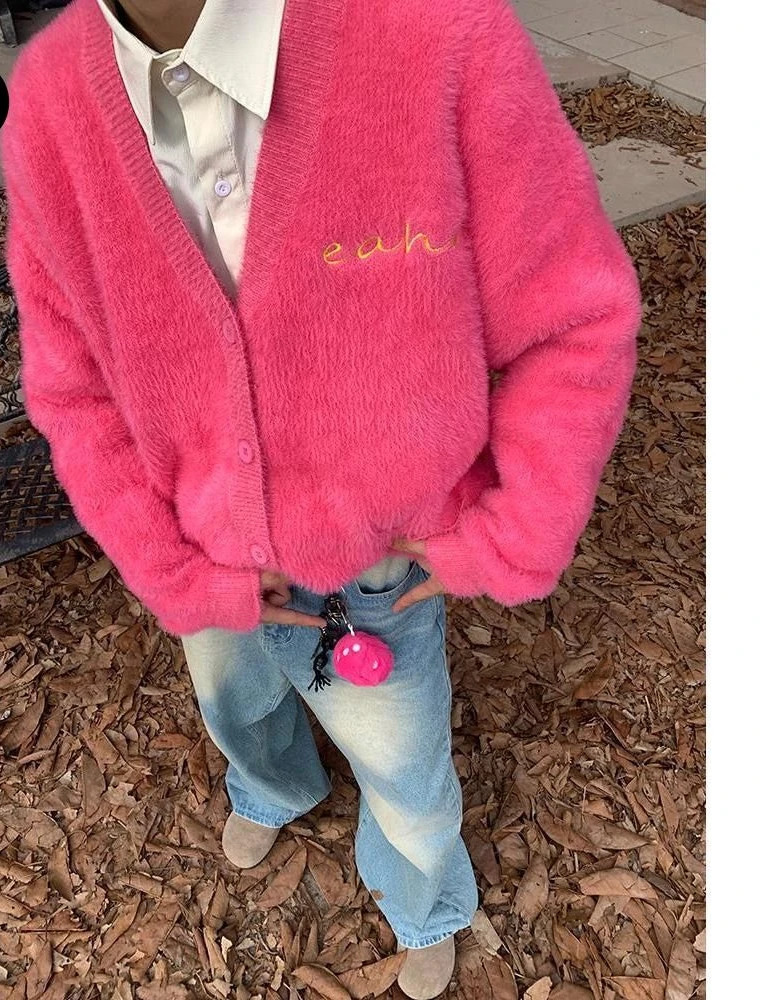 Autumn and Winter Soft Waxy Sweater Dopamine Color Mohair Knitted Cardigan Street Casual Men and Women Couple Lazy Sweater 251029