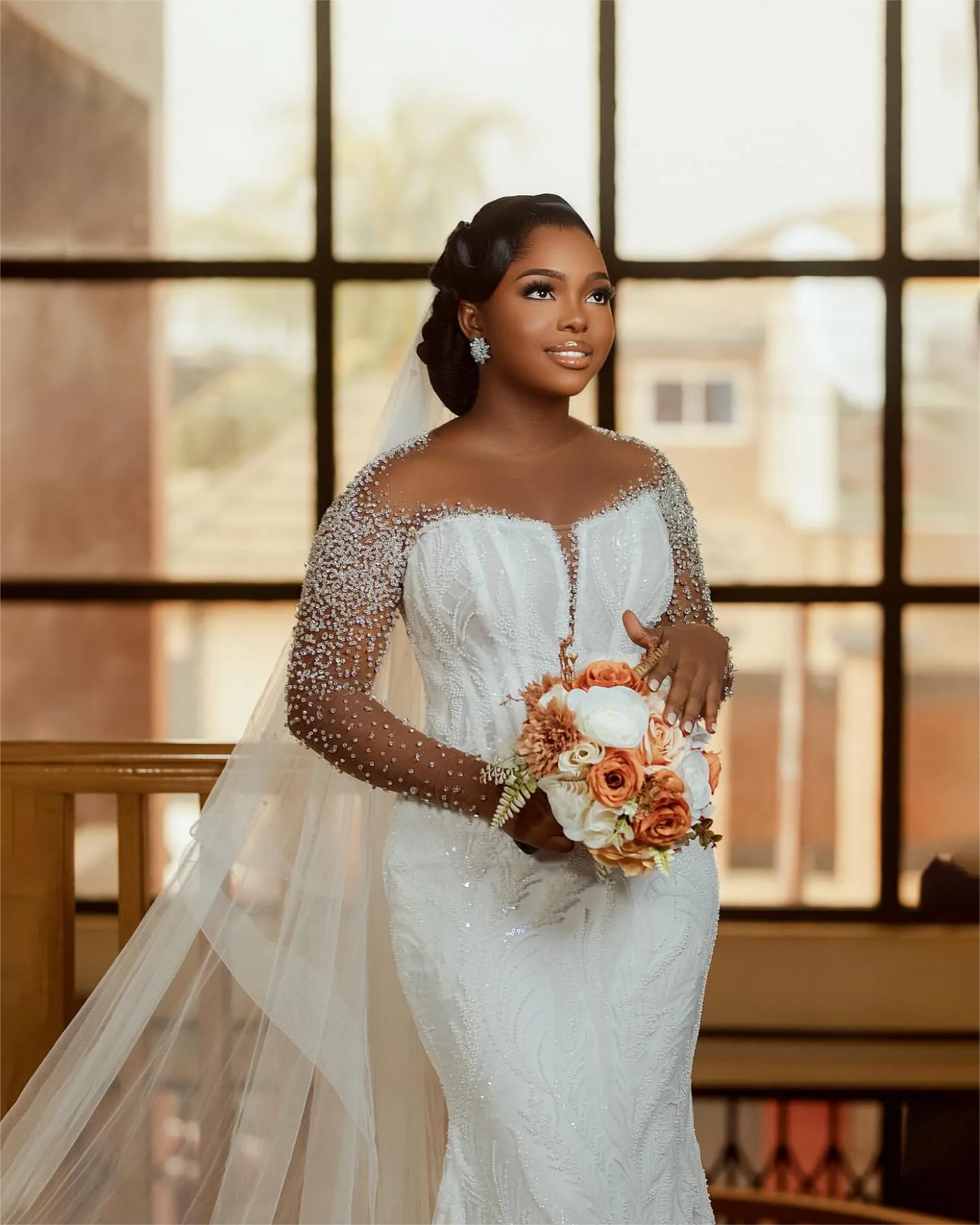 Ivory Mermaid Wedding Dresses Plus Size Lacefull Beaded Sheer Neck Bridal Gowns Dress Vestidos De Novia