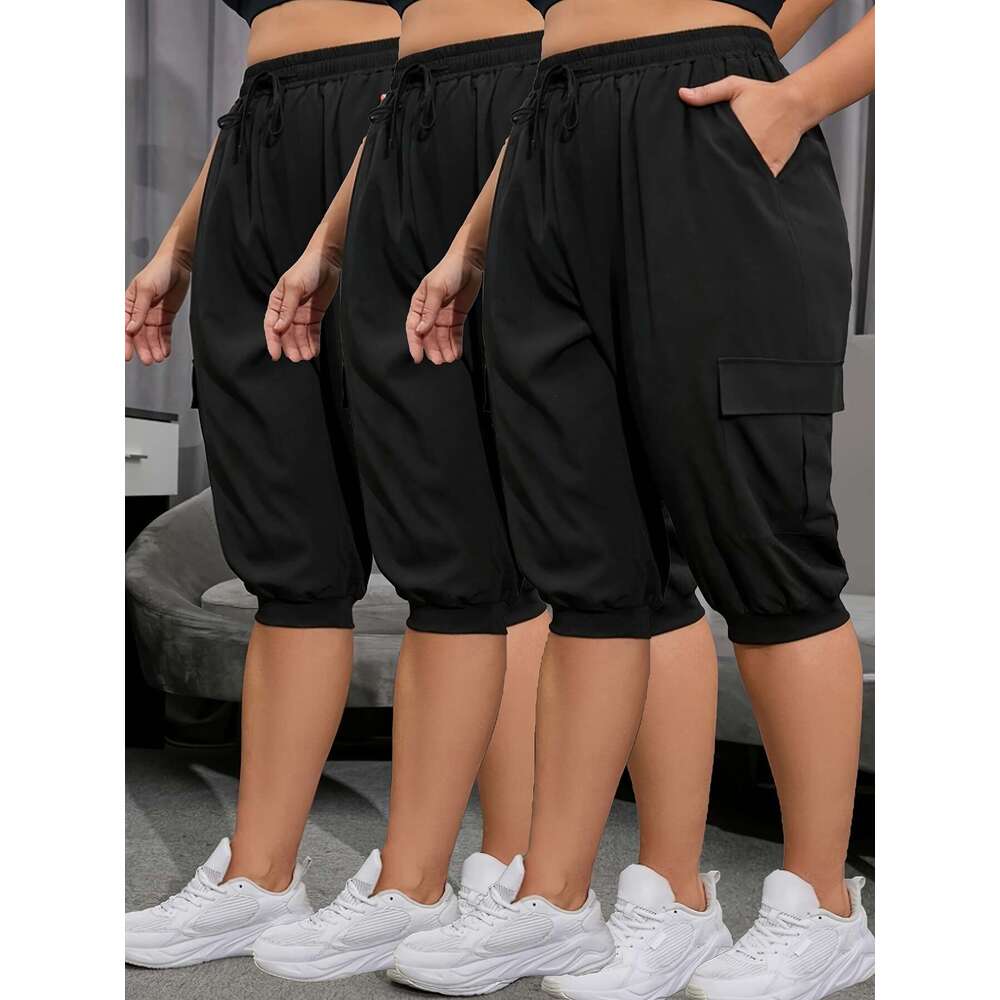 Women's Plus Size 3pcs Yoga Capri Pants with Side Flap Pockets & Drawstring Waist - Lightweight, Breathable Casual Sportswear