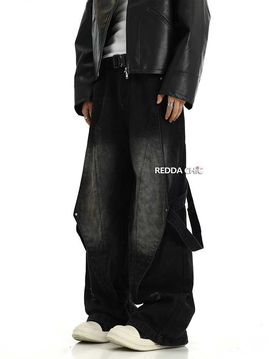 REDDACHiC Belt Deconstructed Baggy Jeans Men Vintage Wash Destroyed Frayed Spliced Straight Casual Wide Leg Pants Y2k Streetwear J251030