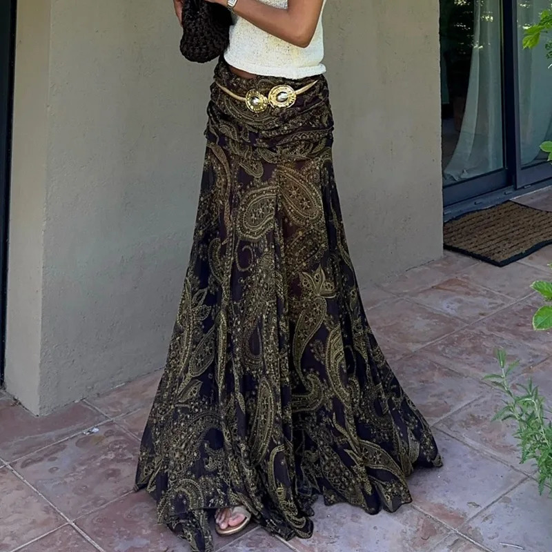 Irregular Printed Big Swing Long Skirts for Women High Waist Buttock Cover ALine Maxi Skirt Female Vintage Bottom Clothes 251028