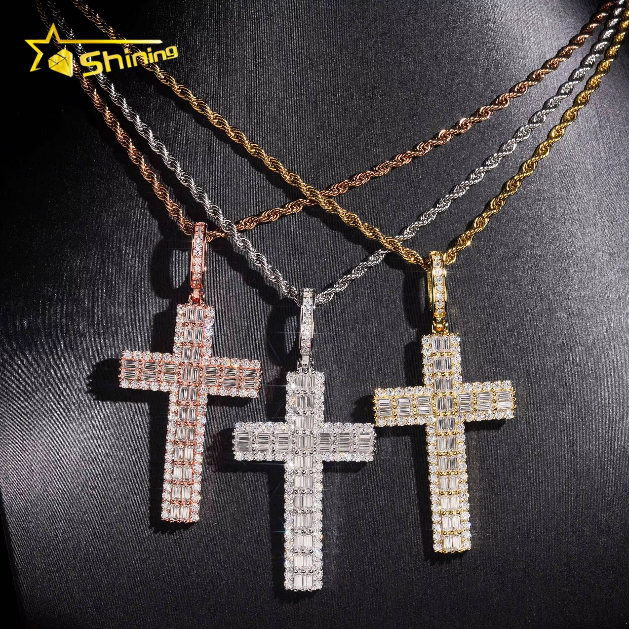 Hip Hop Necklace Iced Out Moissanite Cross Charm 925 Sterling Silver Gold Plated Baguette Moissanite Pendant Designer's style