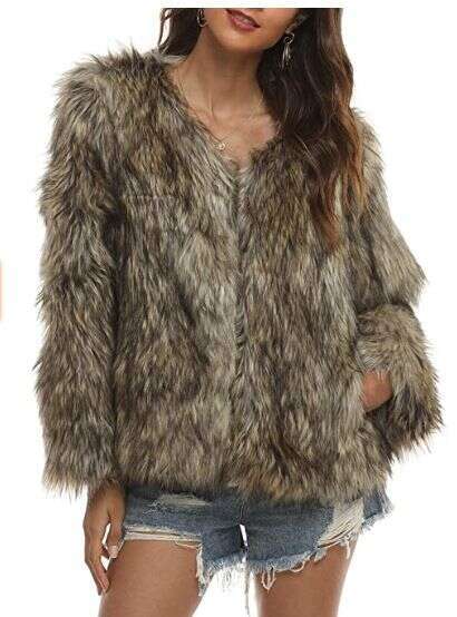 Women's Large Size Artificial Cardigan Fluffy Plush Long-Sleeved Jacket Fur Short Coat