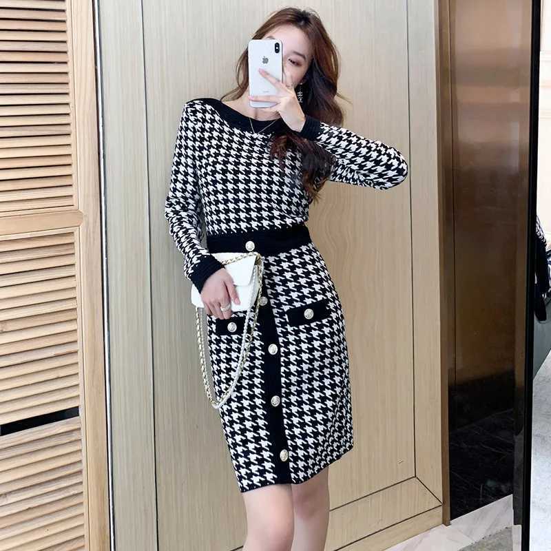 Women Houndstooth Knitted Dress Autumn Fashion Slash Neck Retro Knit Sweater Robe Work Strtwear Winter Chic Plaid Dress C251030