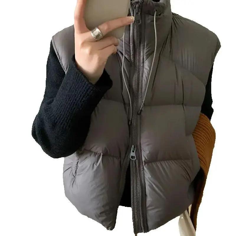 Autumn Winter Drawstring Stand Collar Down Vest Women White Duck Down Sleeveless Puff Vests Female Double Zipper Warm Waistcoats 251029