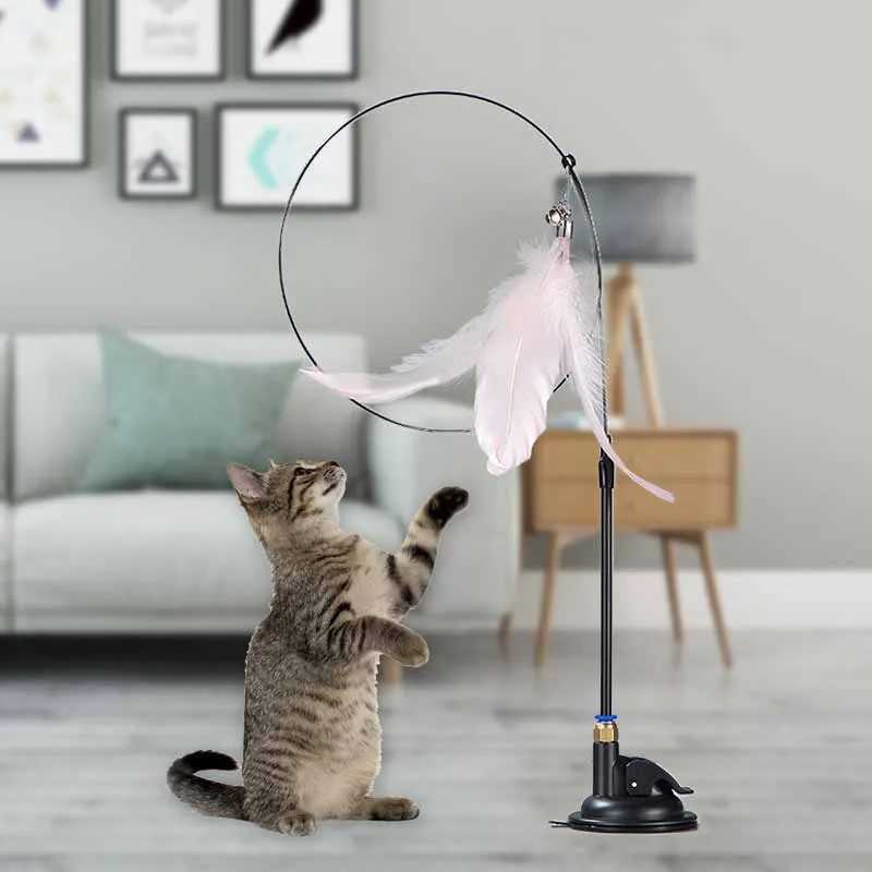 Funny Cat Toy Folorful Fluffy Feather With Bell Sucker Cat Stick Toy Kitten Play Interactive Detachable Teaser Wand Cat Supplies S251029