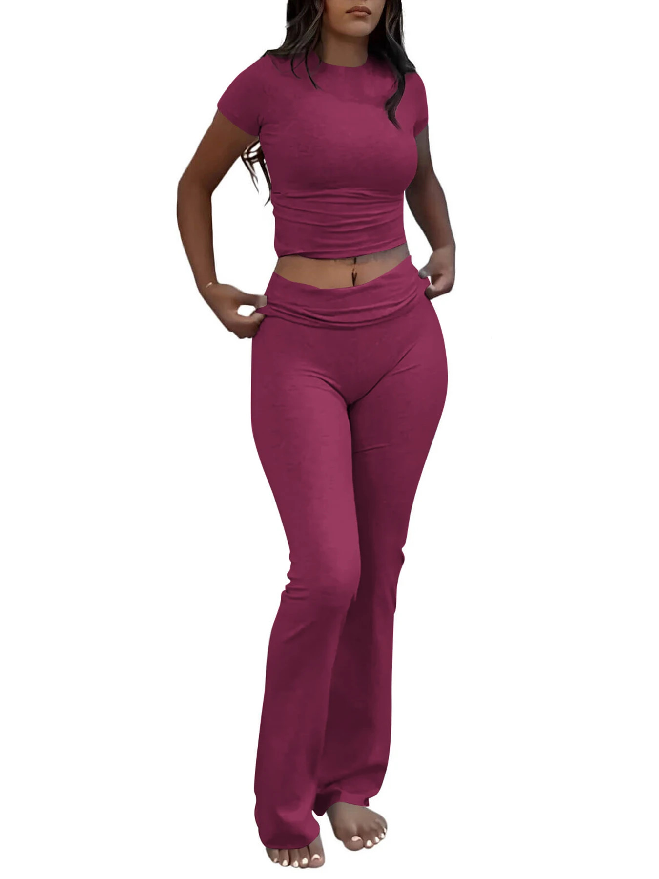 Casual Workout Two Piece Outfits for Women Short Sleeve Crop High Waist Foldover Flare Pants Tracksuit Sets Streetwear 251029