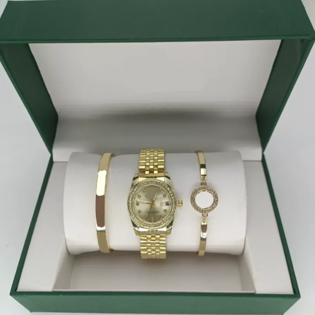 3-piece set of 5-piece watch luxury designer high-quality women's pink dial hollow strap fashionable gold bracelet quartz watch student women's watch Reloj Mujer