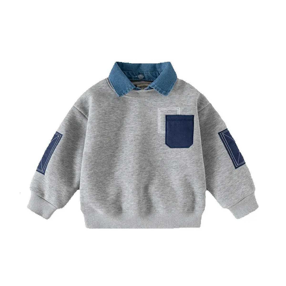 Fleece Padded False Denim Kids Tops Sweatshirt Patchwork Style Fashion Warm Kids Boys Pullover Casual Coat for WinterT251030