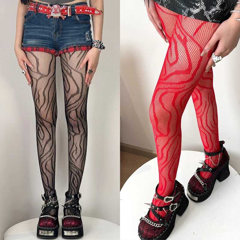 Y2K Style Fishnet Stockings Women Striped High Waist Fishnet Tights 2025 Summer Fishnet Hollow Floral Thigh High Pantyhose R251030