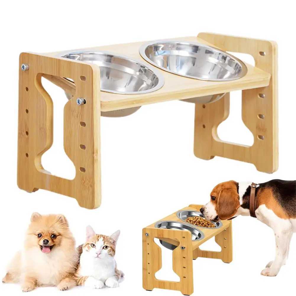 Elevated Dog Feeder Bowls Adjustable Raised Stand Wood Bowl Water Pet Cat Accessories Double Stainless Food Dog Steel D0H5 J251113