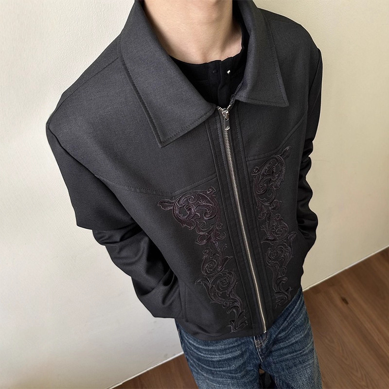 American Style Carved Designer Coat Western Embroidery Jacket Men's Trendy Brand Cleanfit Niche Design Short Turn-down Collar Jacket