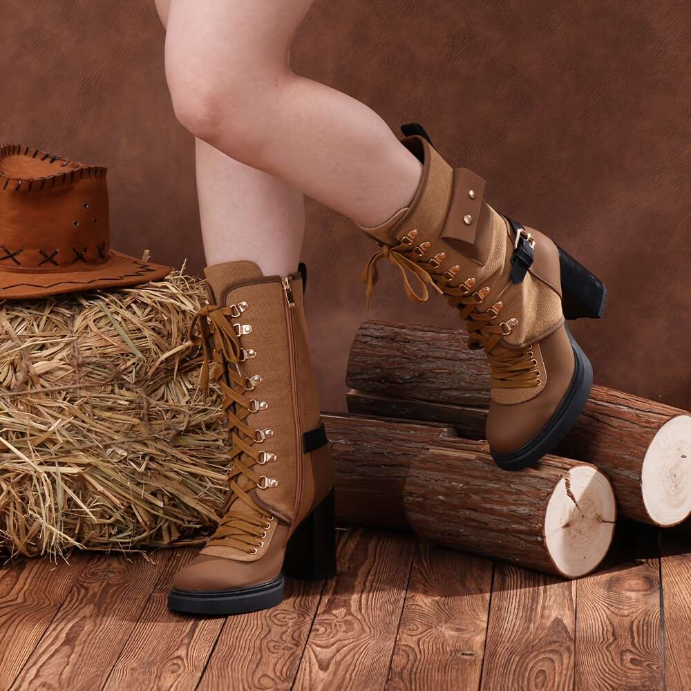 Women's Wide Calf Thigh-High Boots Feature Buckle Strap And Chunky Block Heel, Ideal Those Looking Over-The-Knee Lace-Up Riding Or Combat Styles 