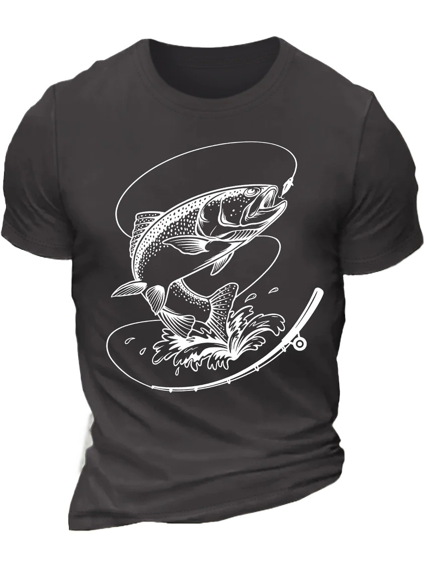 European & American Oversized Men's Funny Fishing Print Father's Day Gift Cotton Casual Letter T-Shirt - TT7301