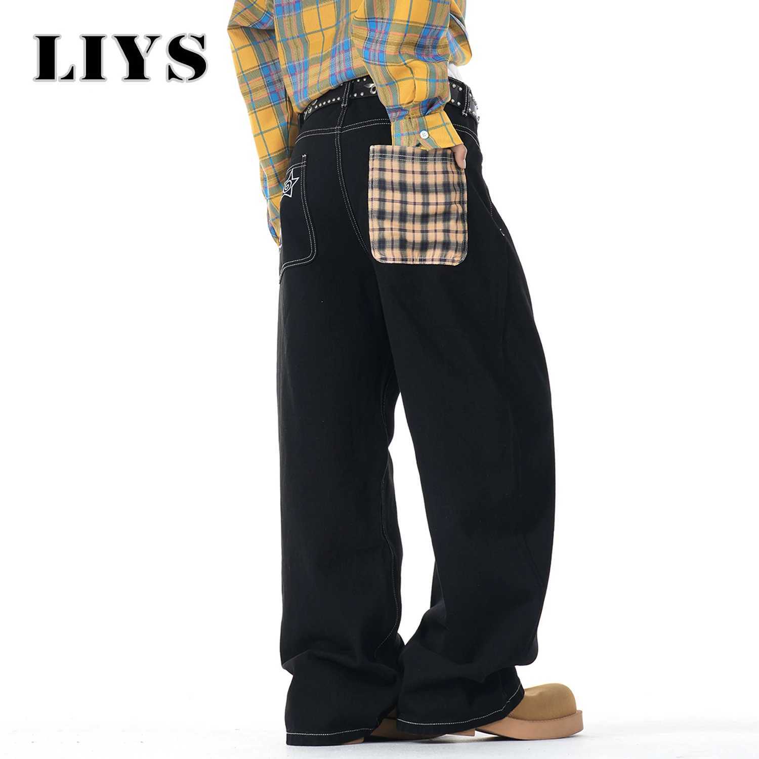 Mens American Retro Street Vibe Design Bagy Wide Leg Jeans Embroidered Checkered Splicing Unisex Bad Boy Charm Denim Pants J251030