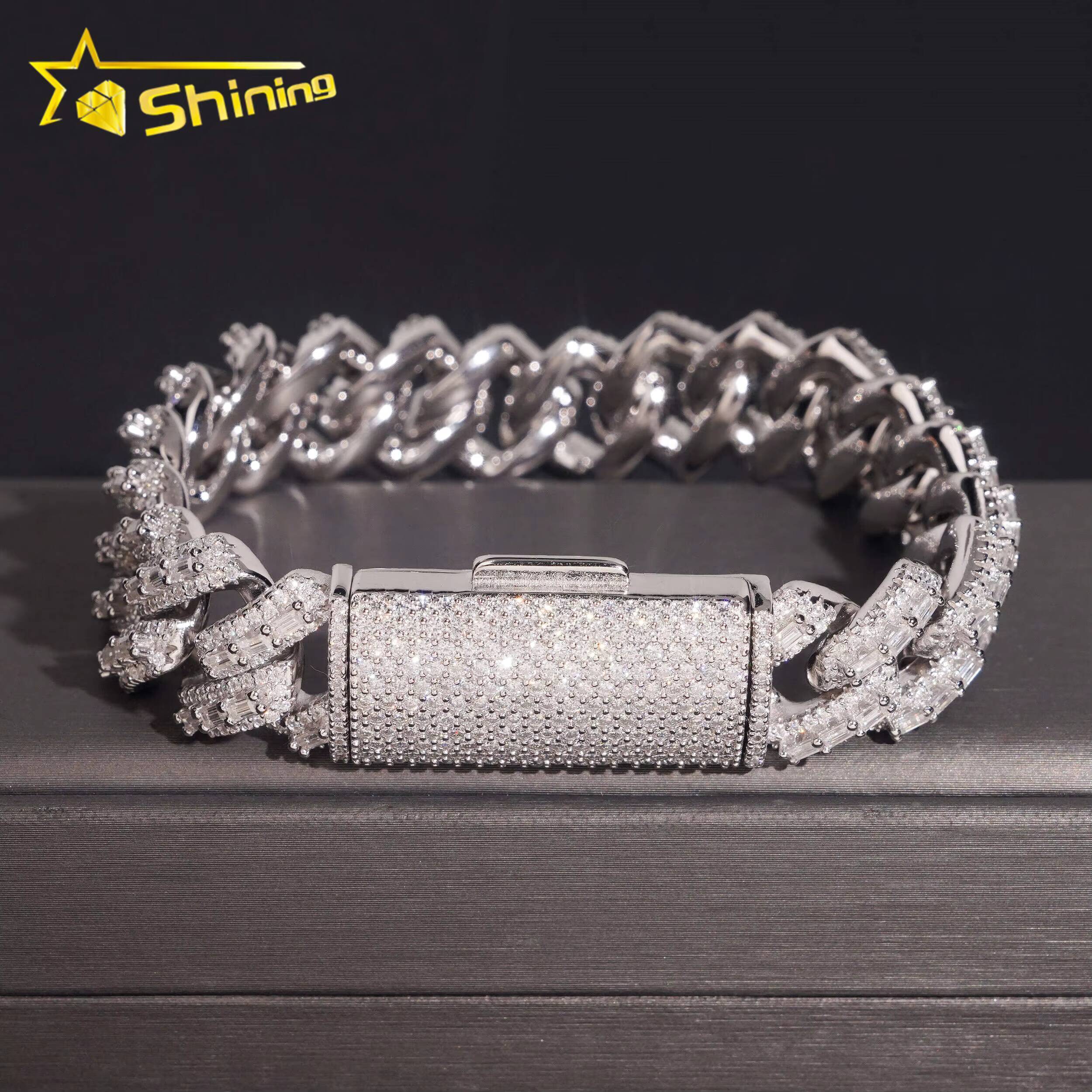 Pass Diamond Tester Baguette Moissnaite 16mm Mens Cuban Bracelet S925 Gold Plated Luxury Cuban Link Chain Hip Hop Jewelry Designer's style