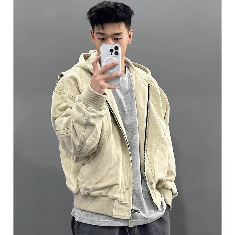 Khaki Short Jacket For Men Spring And Designer Jacket Autumn American Style Workwear Hooded Baseball Jacket High-end Feel Trendy Jacket