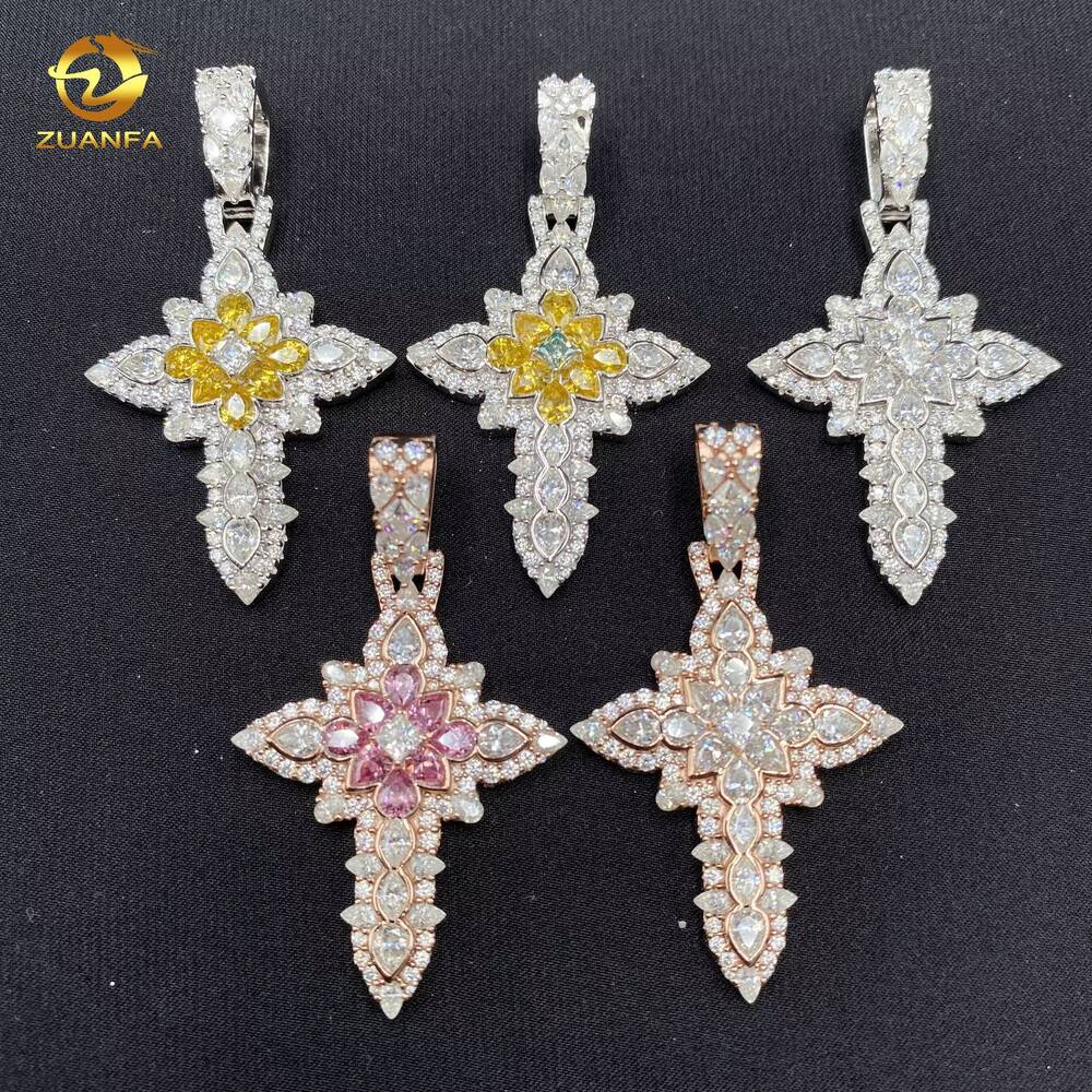 Pear Cut Iced Out Custom Colored Diamond Hip Hop Jewelry Pendant Cross Shape Flower 925 Sterling Silver VVS Moissanite Pendant
