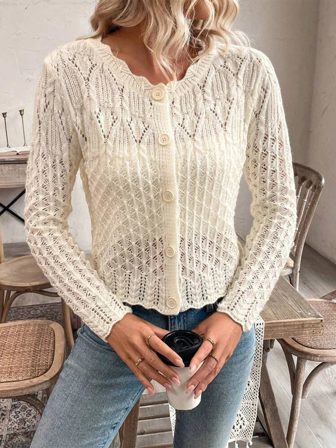 Spring and Autumn Womens Elegant Solid Color Round Neck Hollow Button Front Cardigan Sweater 251029