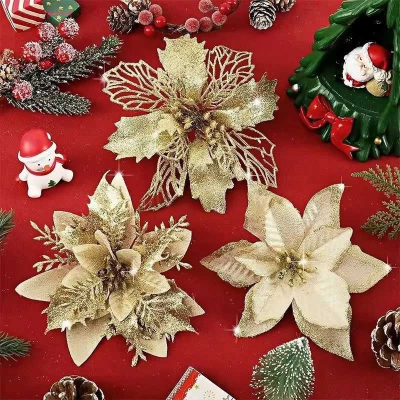 624Pcs 15cm Artificial Christmas Flowers with Clips Stems Xmas Tree Ornaments Glitter Flower for Garland New Year Party Decor C251030
