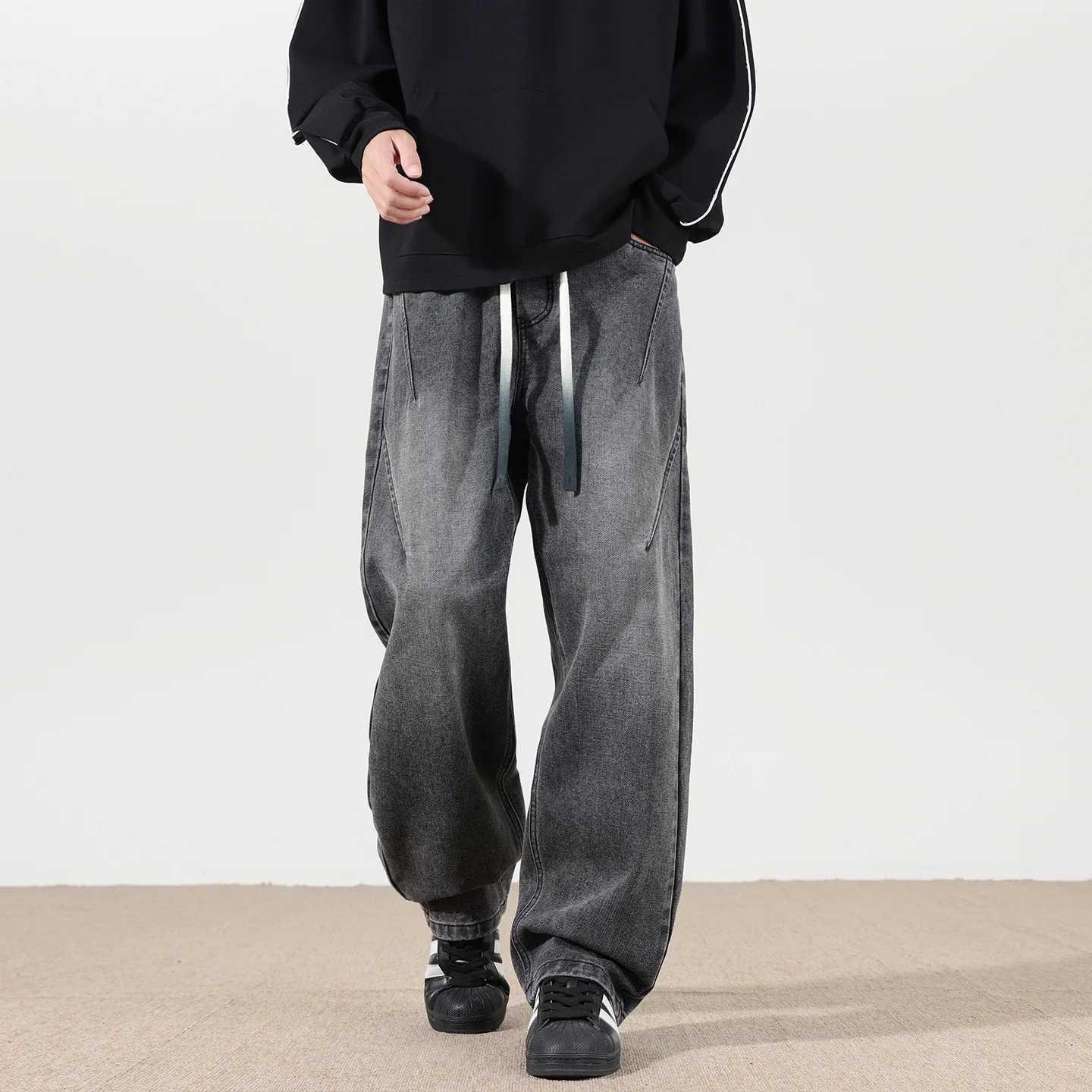 Jeans mens 2025 autumn new style American high street mens washed and worn drawstring trend straight leg denim pants J251030