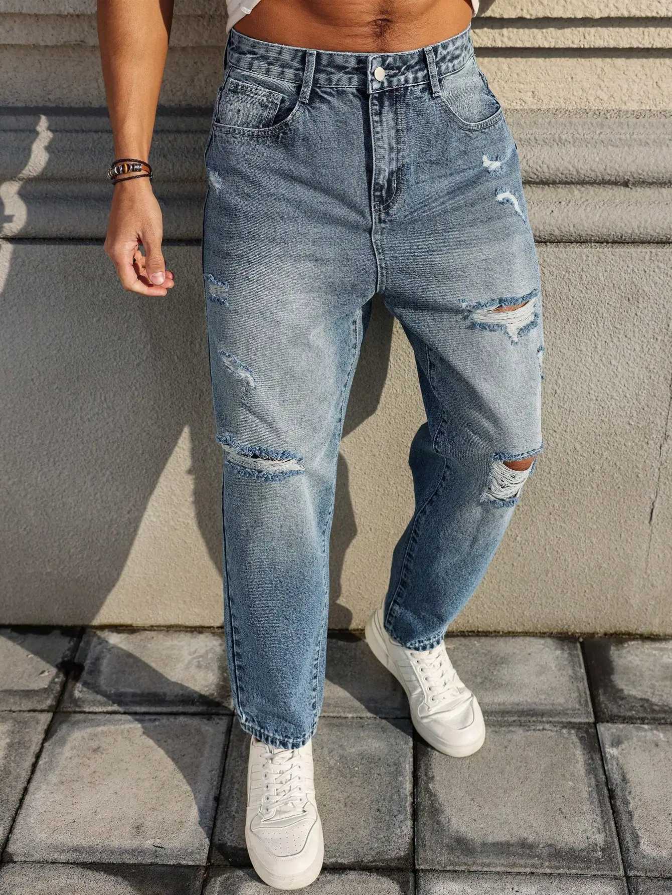Mens blue ripped jeans retro distressed beggar pants street trend loose harem pants J251030