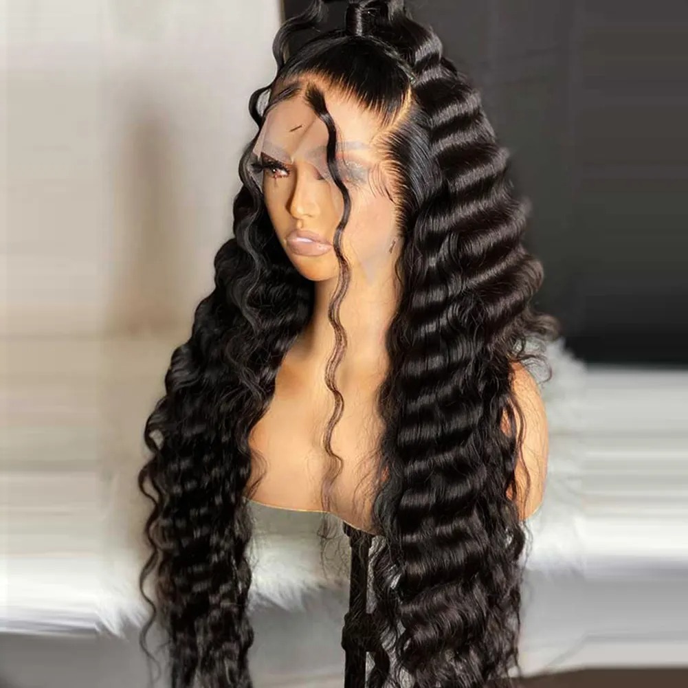 Black Loose Deep Wave Frontal Wigs HD Lace Wig 13x6 Human Hair Water Wave Curly Lace Front Wigs Brazilian Hair 360 Preplucked Ready To Wear Heat Resis