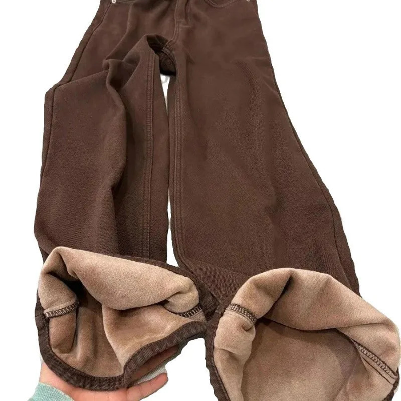 Melad Brown Plush Thick Wide Leg Jeans for Women AutumnWinter High Waist Loose and Slim Straight Leg Pants 251029