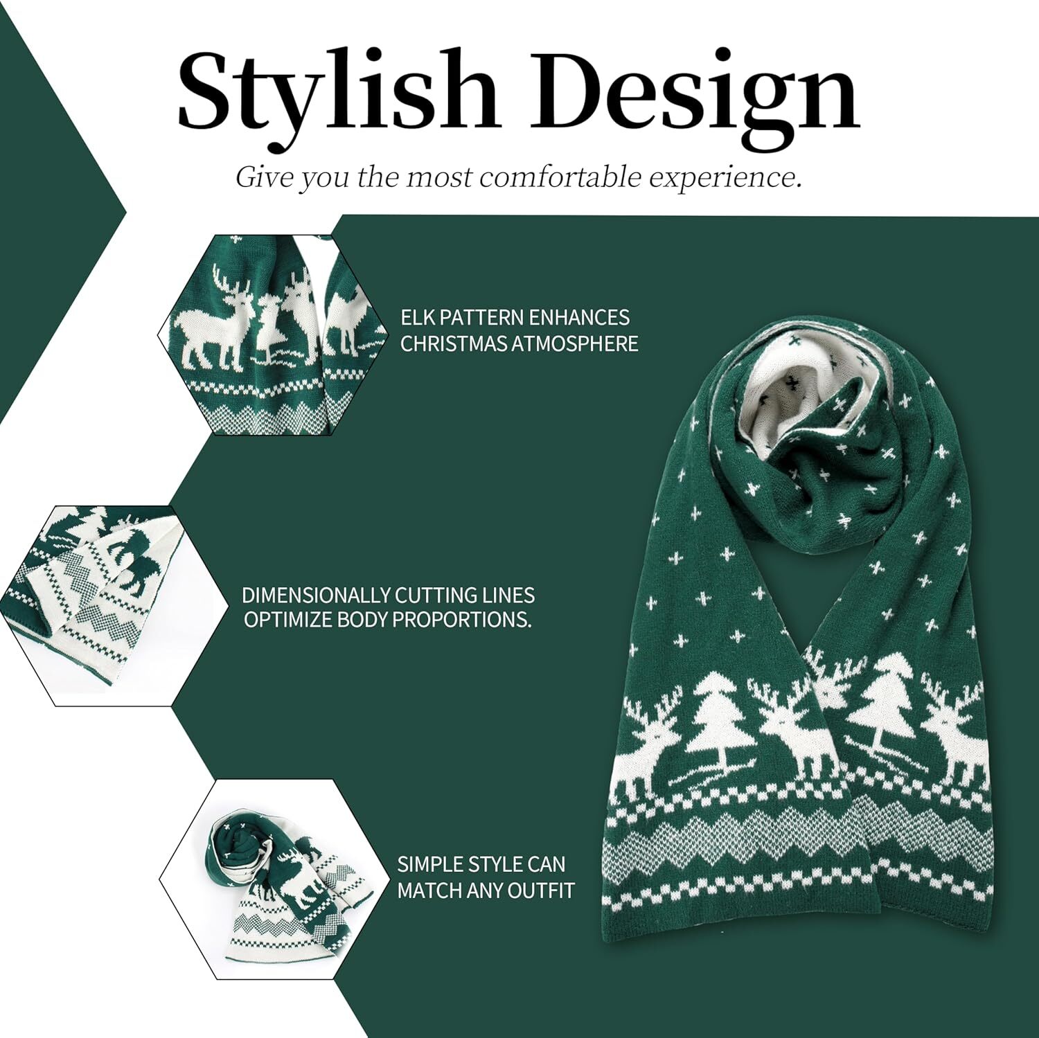 Custom Fall Winter Soft Knit for Women Men Boys Girls Christmas Scarf with Reindeer and Snowflake Pattern Green