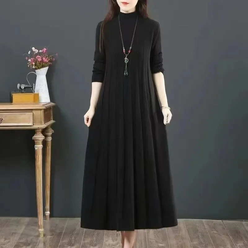 AutumnWinter Women Knitted Dress 2025 Solid Loose Pullover Half High Collar Long Knitted Sweater Dress Female HighQuality 251029
