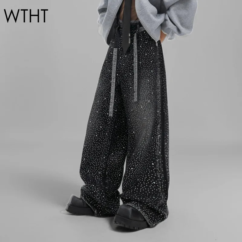 WTHT Trendy Diamonds Straight Jeans For Women Winter Fashion High Waist Belt n Wide Leg Denim Pants Female 1LS410 251029