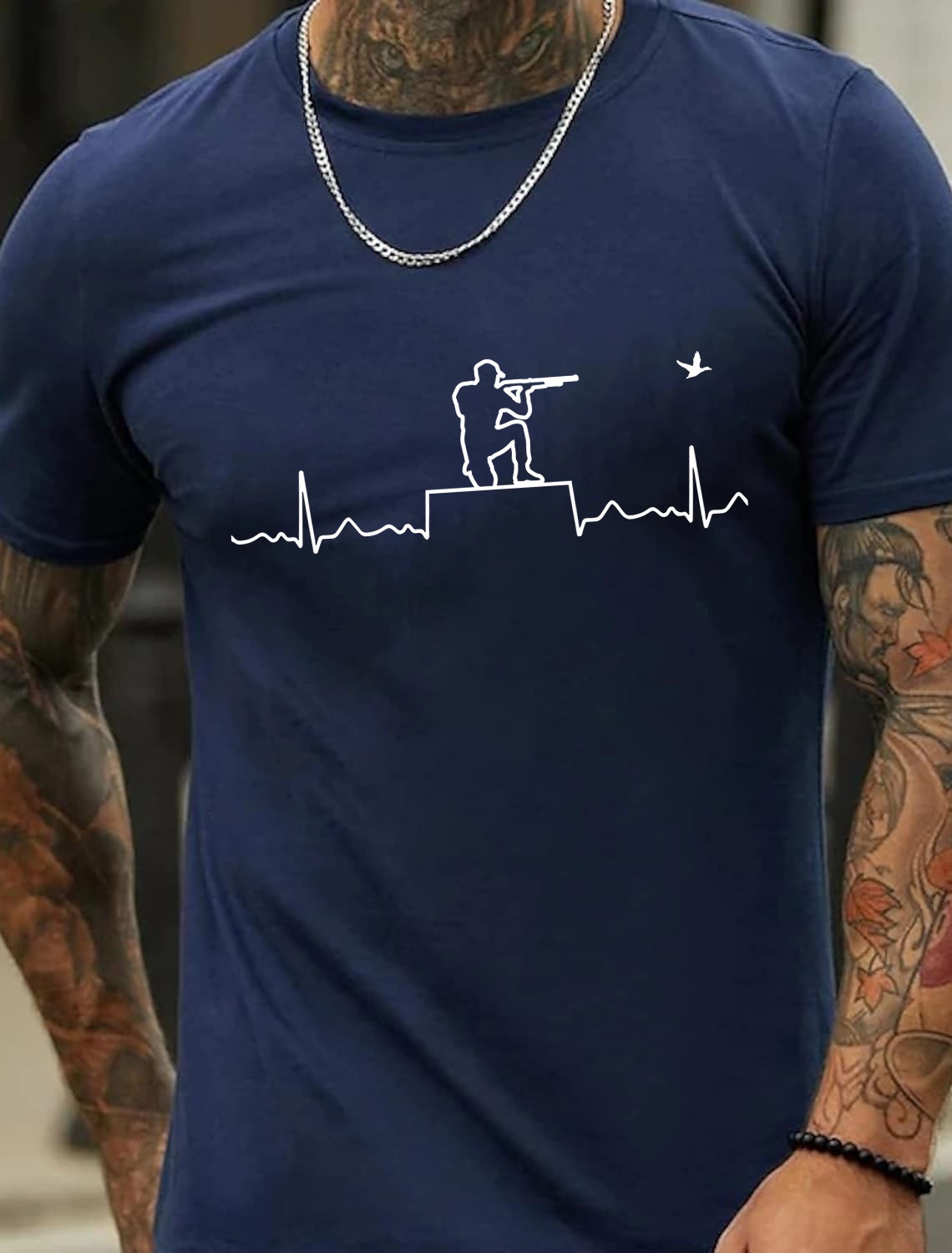 European & American Oversized Hunting Heartbeat Line Print Men's Cotton Summer T-Shirt - TT7082