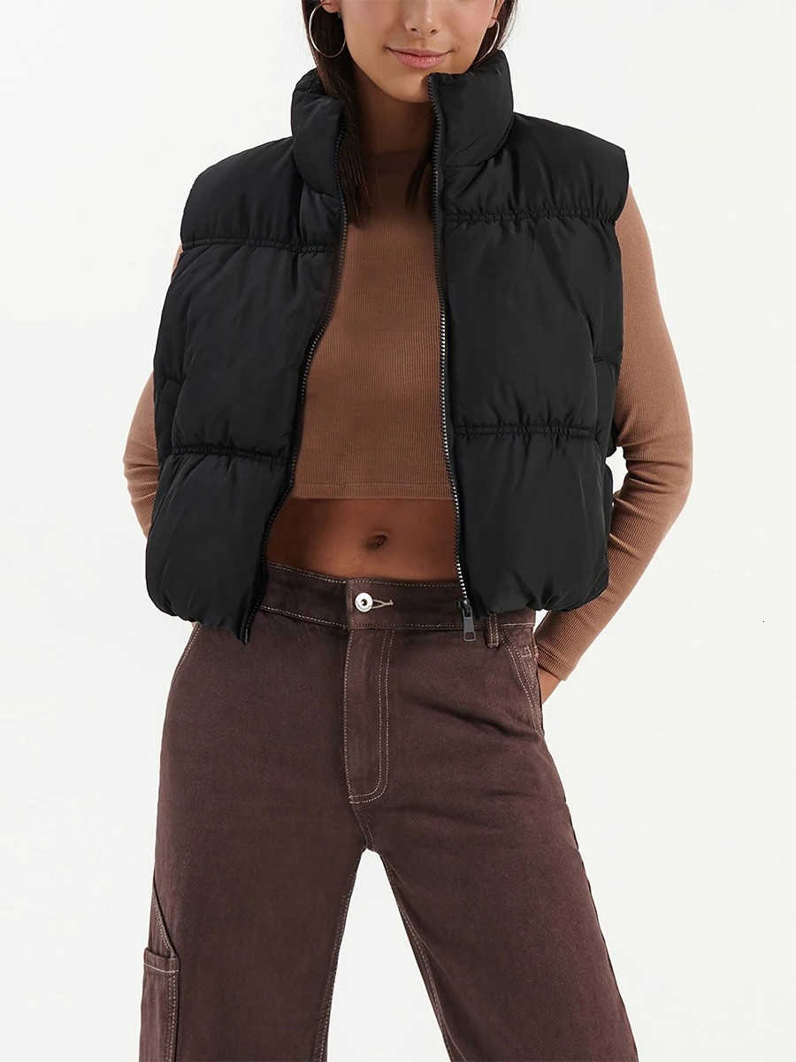 Women s Winter Quilted Waistcoat Solid Color Lightweight Zip Stand Collar Vest Sleeveless Jacket 251028