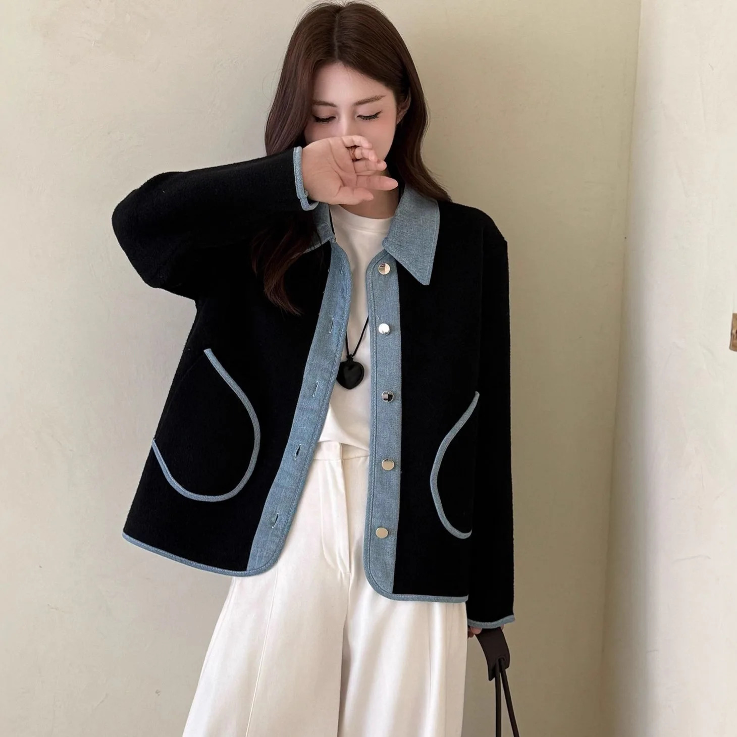 Women Cardigan Coats Denim Splice Jackets Sweaters Turn Down Collar Casual Loose Y2k Streetwear Elegant Knit Autumn Winter 251029