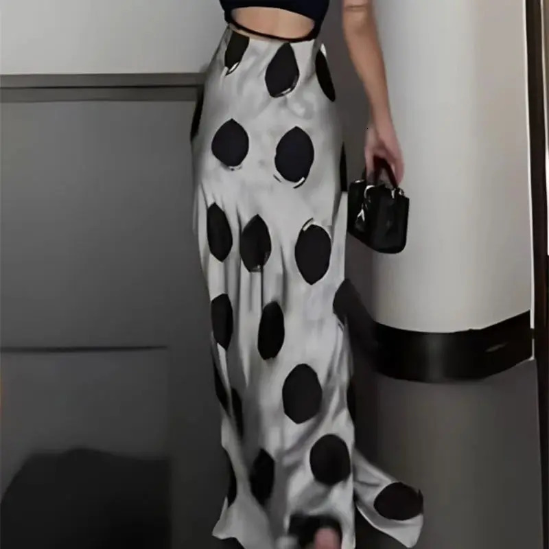 Summer Elegant Womens Satin Mermaid Skirt Fashion Polka Dot Printed Holiday Long Skirt Temperament Bag Hip Party Jupe 586P 251028