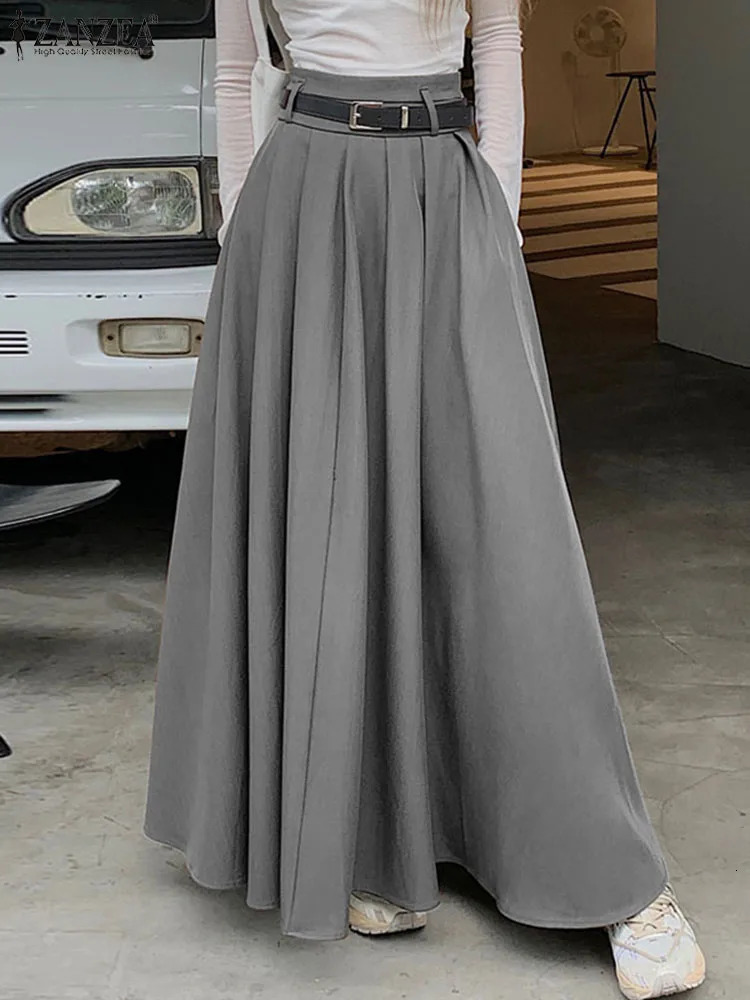 ZANZEA Women High Waist Jupe Korean Pleating Swing Skirt Vintage Fashion 2024 Spring Office Falda Holiday Loose Solid Long Skirt 251028