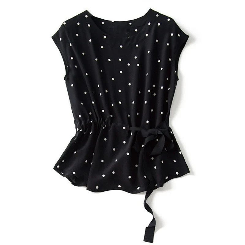 Two Piece Set Polka Dot ONeck Lace Up Short Sleeve Blouses Shirt Elastic High Waist Wide Leg AnkleLength Pants Sets For Women 251028