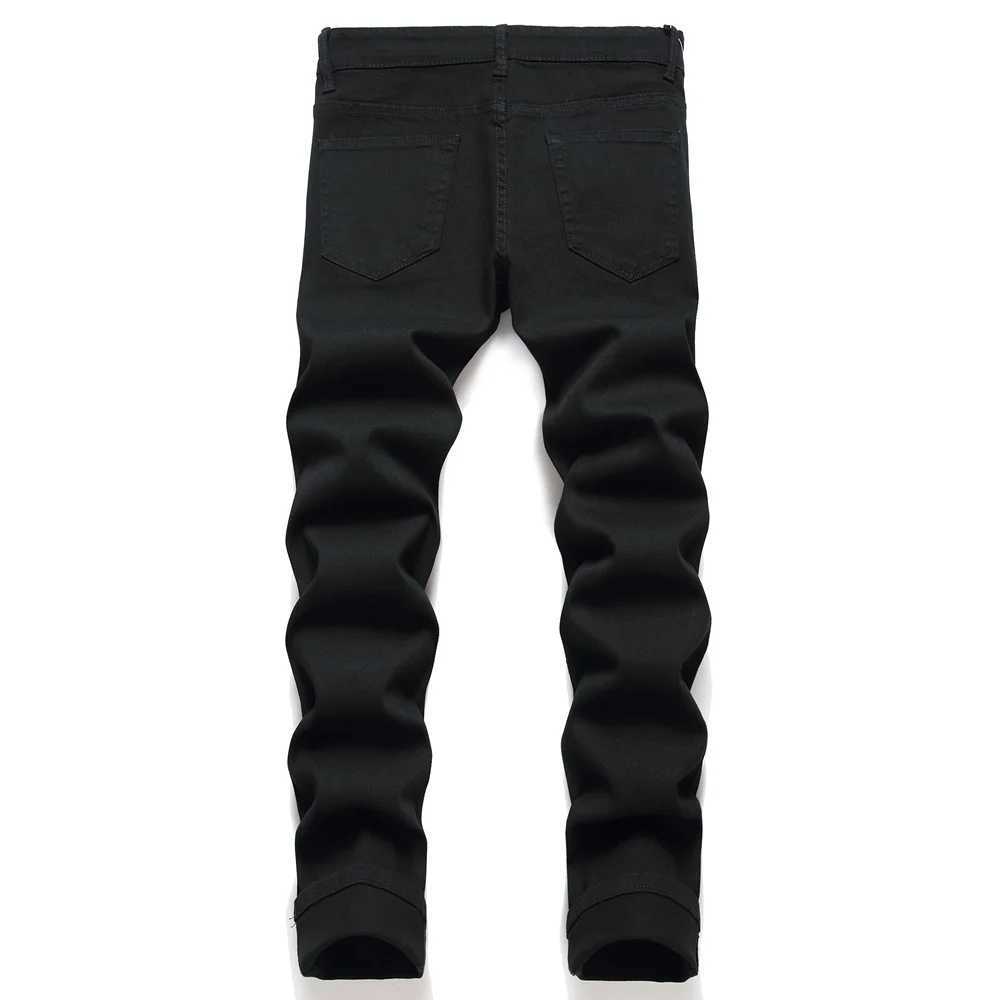 Men Black Stretch Skinny Fit Pencil Jeans Trousers Knee Ripped Distressed Motorcycle Biker Jeans Pants For Mens J251030