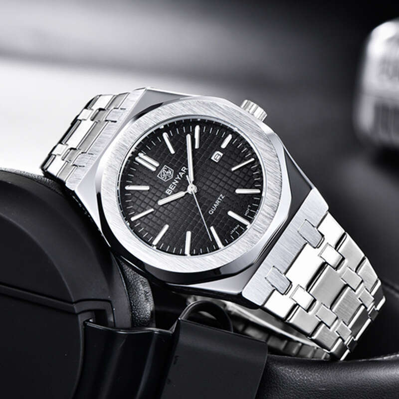 benyar quartz fashion simple calendar luminous mens steel band watch by5156