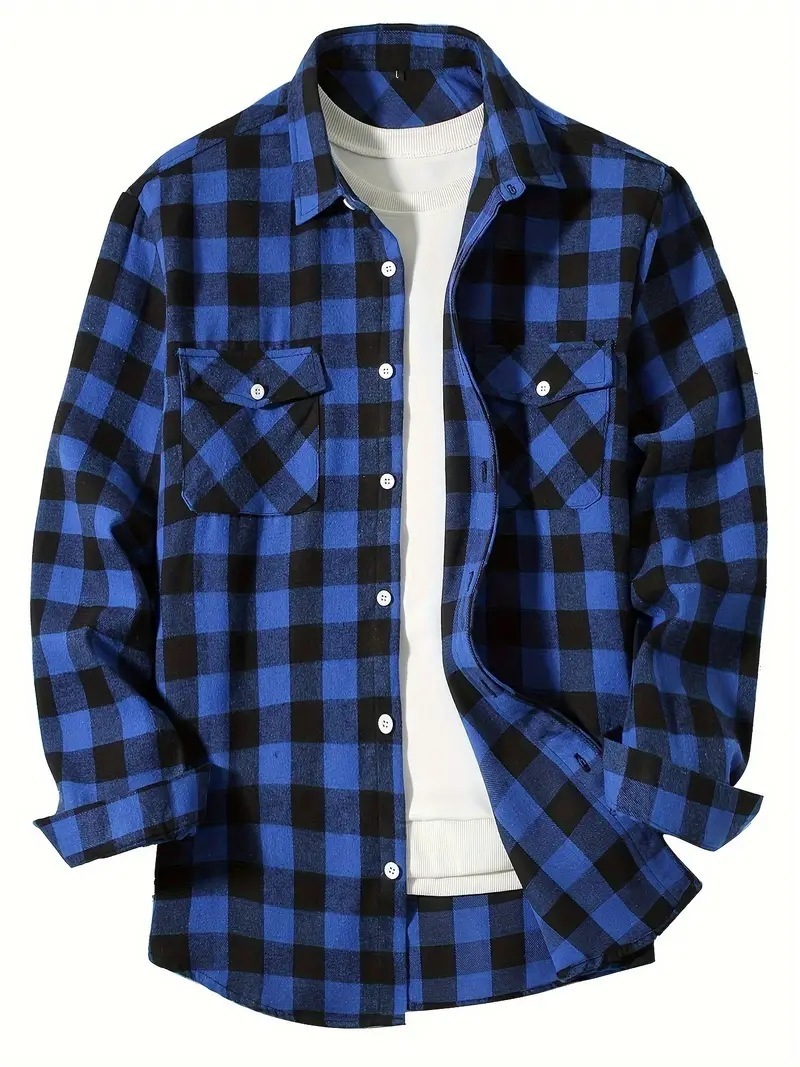 Cardigan Pocket Decoration Flannel Men's Plaid Shirt Fashion Casual Turn-down Collar Long Sleeve Shirt