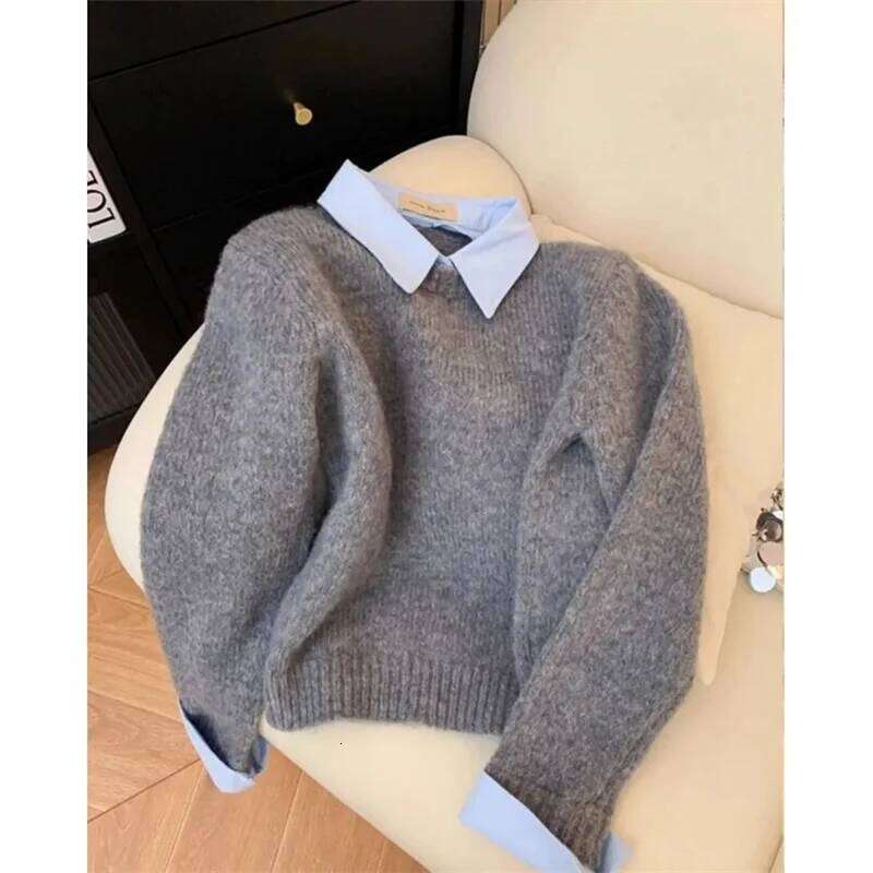 Fake Two Shirts Women's Autumn Outfit New Lazy Linterior Contrasting Color Gray Knit Sweater Top With Flip Collar Designer Sweater Women Bear Swe