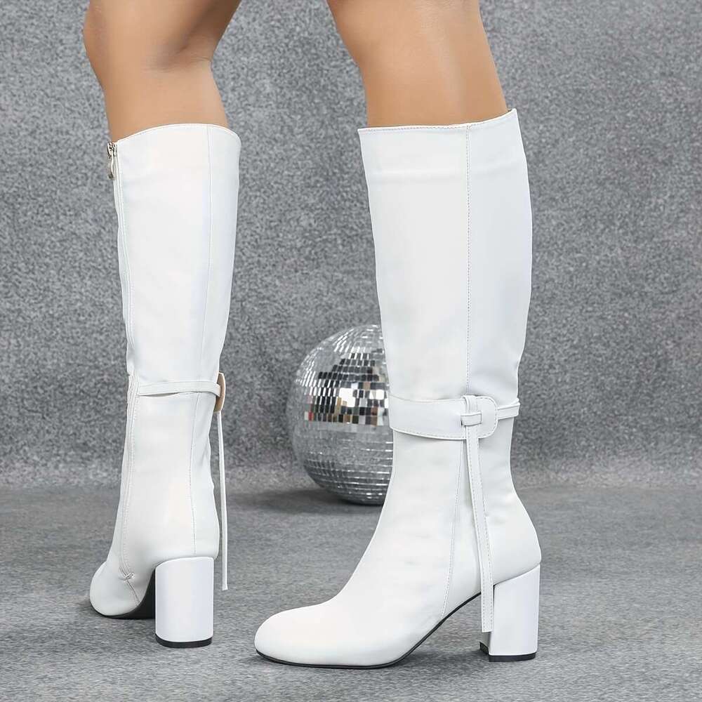Women's Elegant White Faux Cover Knee-High Knight Boots With Thick Heel - Round Toe Comfortable Fabric Lining & PVC Sole For Autumn/Winter, Europ