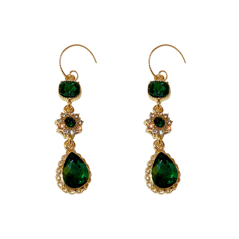 Korean Long Style Dia-Encrusted Emerald Ear Hook Water Drop Flower Zircon Elegant Light Earrings for Women